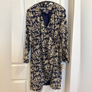 Vintage Anna and Frank 100% Silk Floral Wrap Dress Sz 8 Navy Gold Long Sleeve